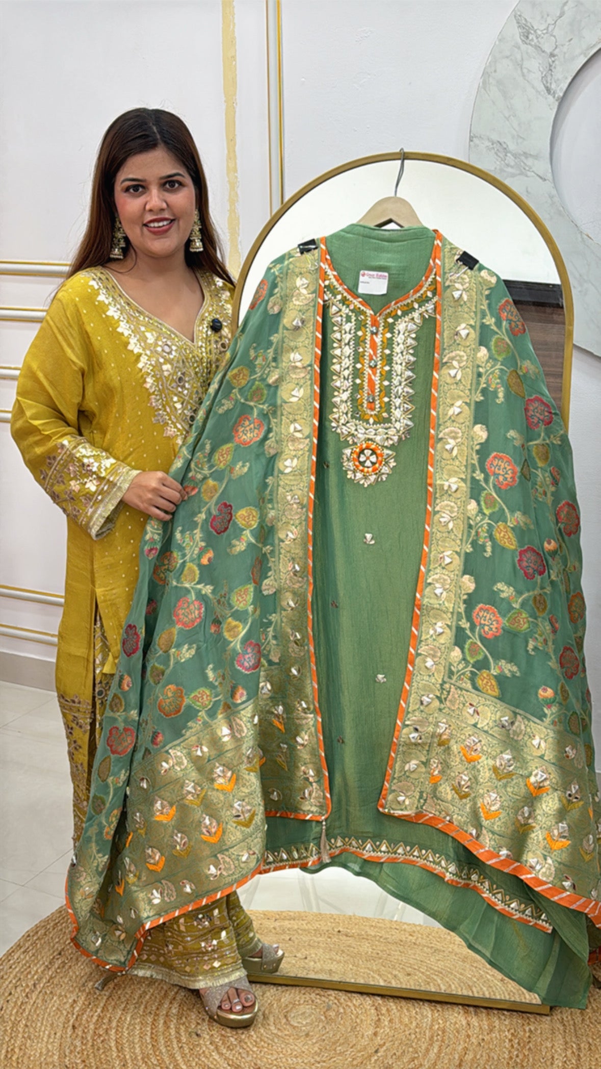 latest partywear manual gota work suit material along with fully weaved tissue dupatta with allover work detailing GF480